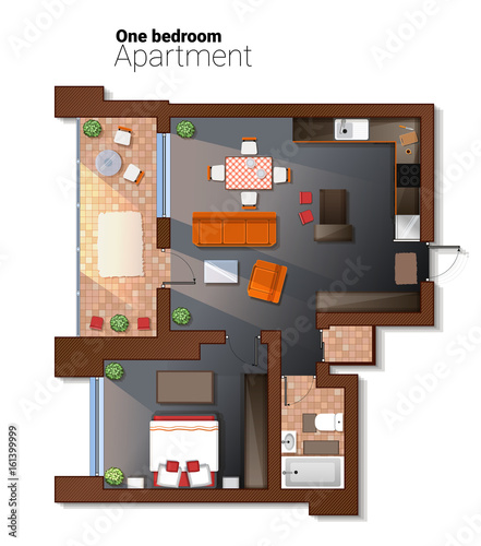 Vector top view illustration of modern one bedroom apartment. Detailed architectural plan of dining room combined with kitchen, bathroom, bedroom. Home interior