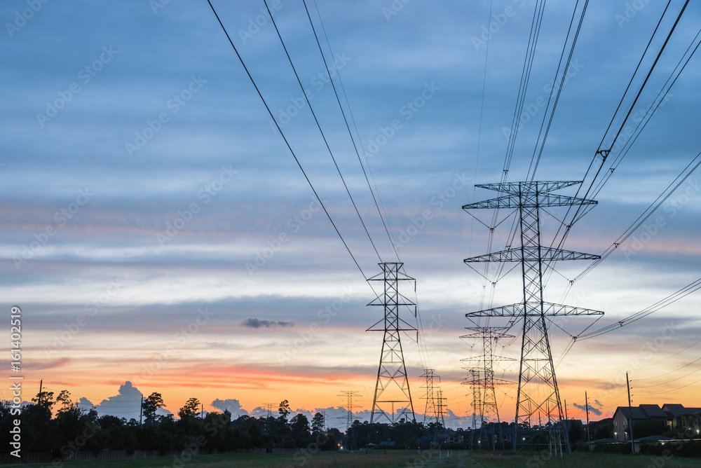 Group silhouette of transmission towers (power tower, electricity pylon ...