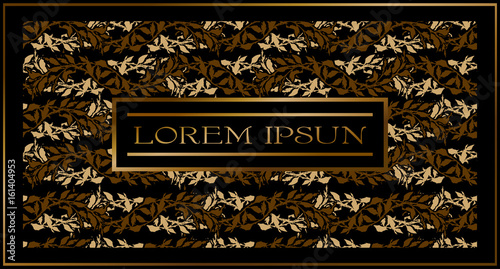 Gloomy vintage with intertwined golden plants on a black background with a gold frame and gold plaque for text