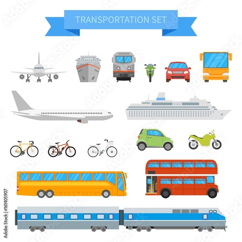 Vector set of different transportation vehicles isolated on white background. Urban transport icons in flat style design.