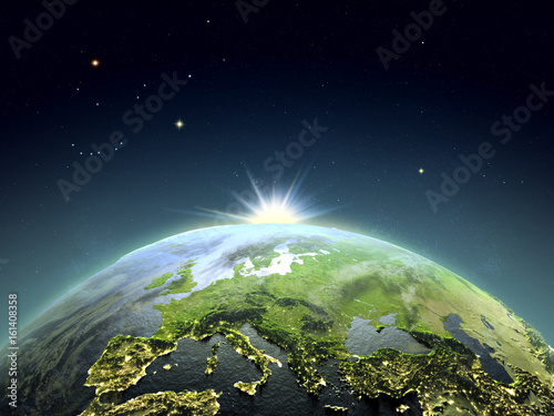 Fototapeta Naklejka Na Ścianę i Meble -  Europe from space in sunrise