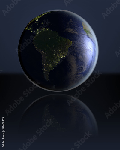 South America on dark globe