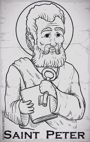 Hand Drawn Portrait of Saint Peter Image Chiseled in Stone, Vector Illustration