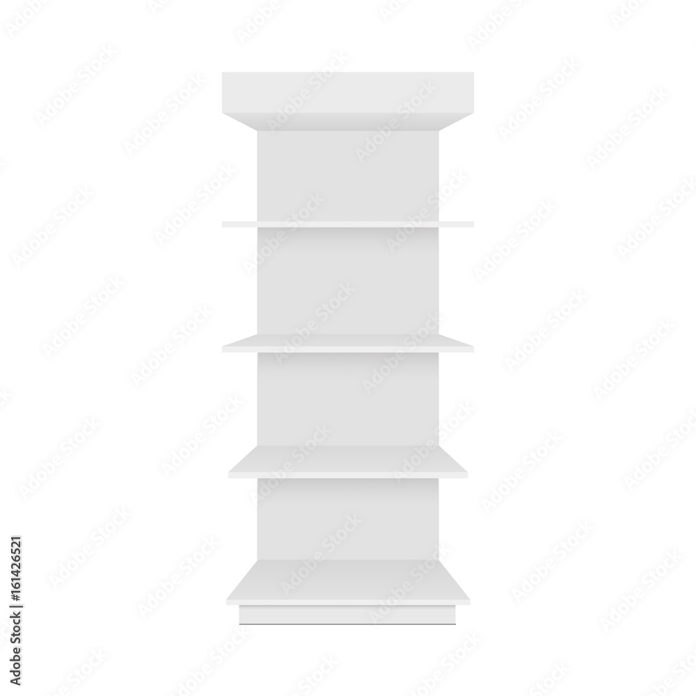 Blank empty showcase display with retail shelves. Front left and right view. Vector mock up template ready for your design. Blank empty showcase display with retail shelves. Front left and right view. Vector mock up template ready for your design.