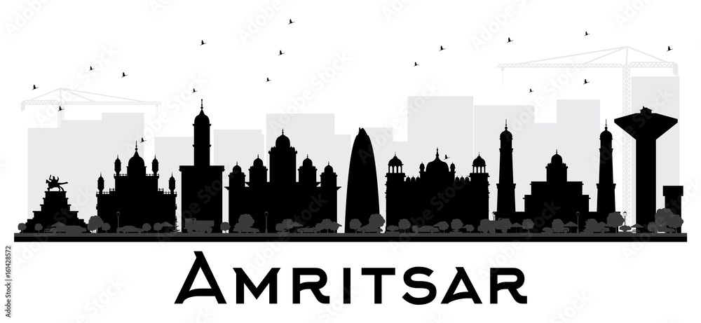 Amritsar City skyline black and white silhouette.