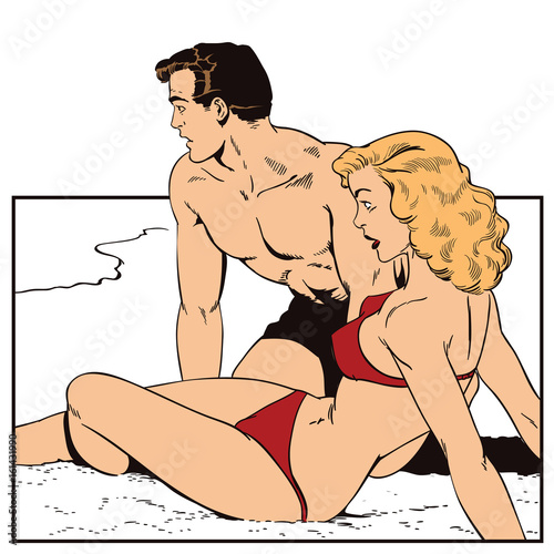 People on beach. People in retro style.