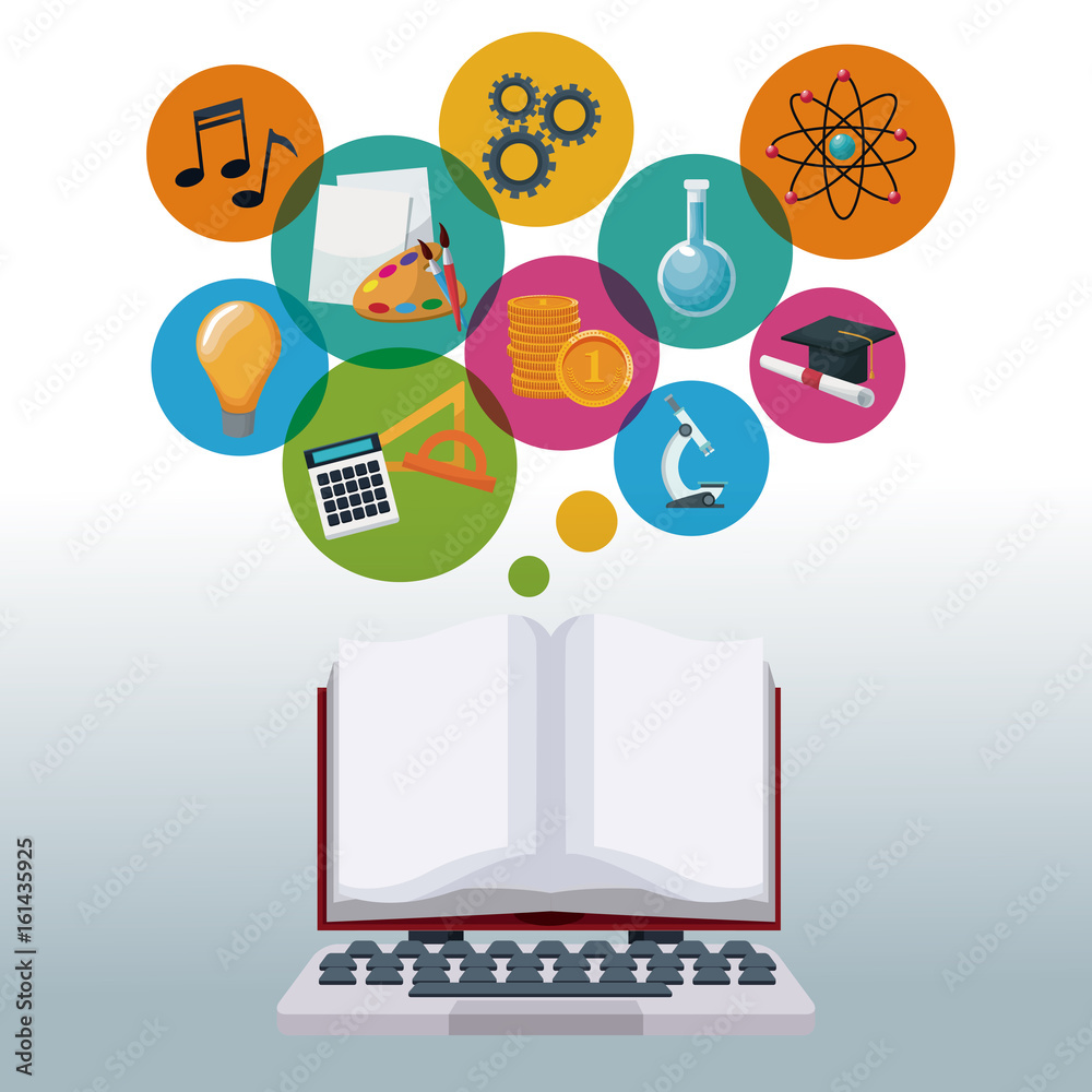 tech laptop and display open book with bubbles icons academic knowledge vector illustration tech laptop and display open book with bubbles icons academic knowledge vector illustration