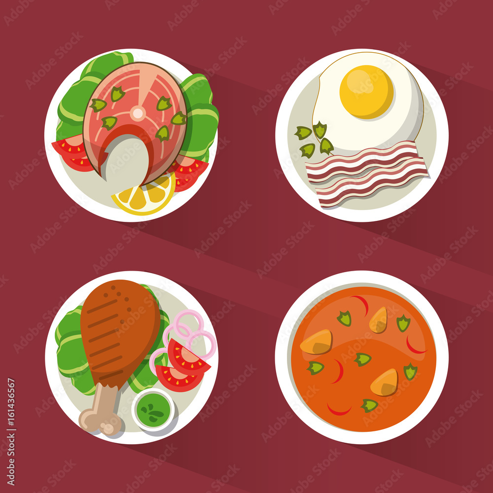colorful background with dish foods with chicken and fish and soup and egg vector illustration colorful background with dish foods with chicken and fish and soup and egg vector illustration