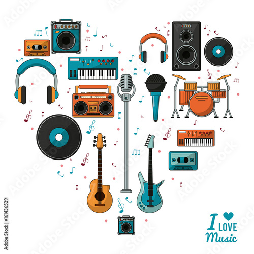 poster i love music with colorful silhouette of musical instruments and playback devices vector illustration