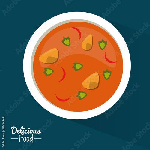 poster delicious food in dark blue background with dish of soup with vegetables vector illustration