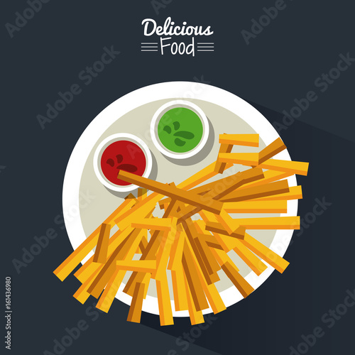 poster delicious food in black background with dish of fries with sauces vector illustration