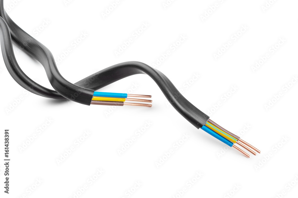 Electric screened cable with many wires isolated on white