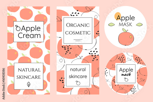 Set of labels for apple cosmetics. Brochures in abstract and cartoon style. Package template for organic cosmetics