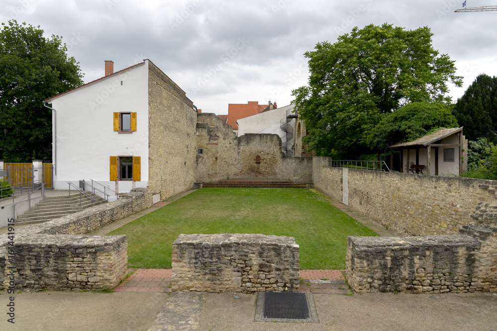 Ingelheim, GERMANY - June 17th, 2017: Ruin of pfalz castle of Karl dem Grossen, Charles the Great, Charlemagne, Rhineland-Palatinate, Germany.