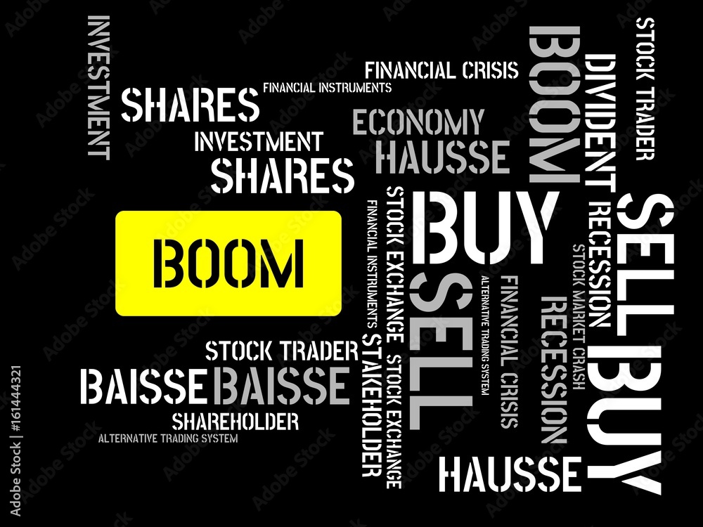 BOOM - image with words associated with the topic STOCK EXCHANGE, word cloud, cube, letter, image, illustration