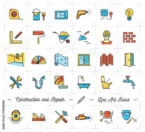 Icons Repair house, apartment. Repair tools symbols. Construction thin line art icons, Vector flat illustration