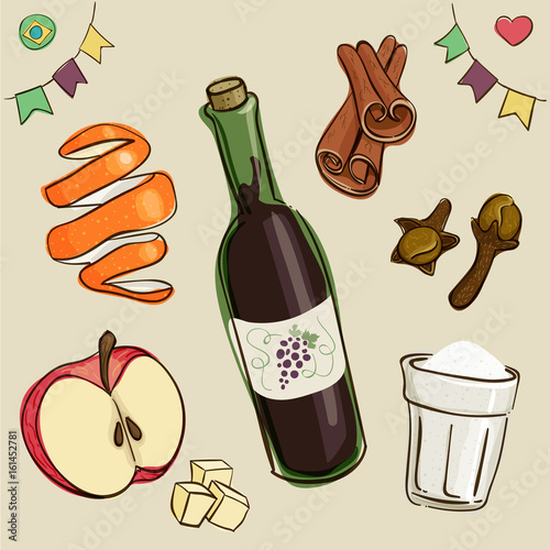 Mulled wine ingredients: wine, sugar; chopped apples; orange peel; cinnamon and dry cloves. Traditional beverage consumed during brazilian June Parties. Loose style joyful vector.