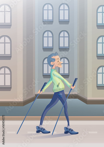 An elderly man practicing nordic walking with sticks on city street. Active lifestyle and sport activities in old age. Vector illustration.