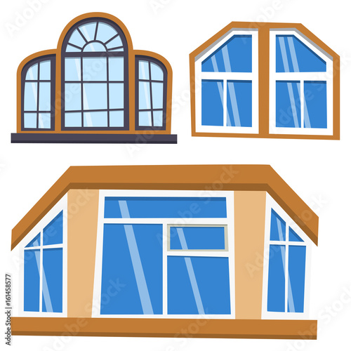 Different types house windows elements flat style frames construction decoration apartment vector illustration.