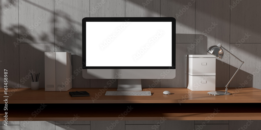 Modern dark desk office interior with computer and devices 3D rendering Modern dark desk office interior with computer and devices 3D rendering