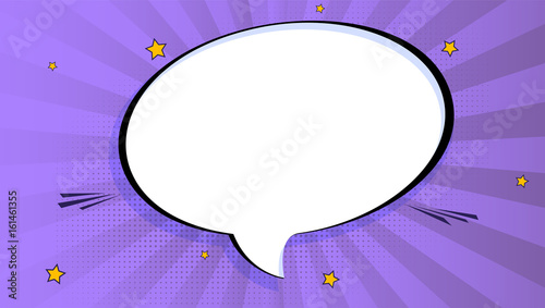 Pop art splash background, explosion in comics book style, blank layout template with halftone dots, clouds beams and isolated dots pattern on violet backdrop. Vector template for ad, covers, posters.