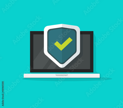 Computer protection vector icon isolated on color background, flat cartoon laptop protected with shield symbol, idea of pc security, firewall technology, privacy safety illustration clipart