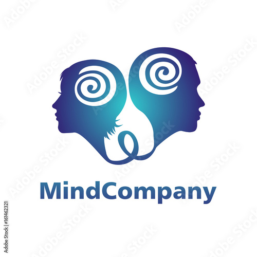 Modern head logo of Psychology. Profile Human. Man and woman. Logotype in vector. Design concept. Brand company. Blue color isolated on white background. Symbol for web, print, card, flyer.