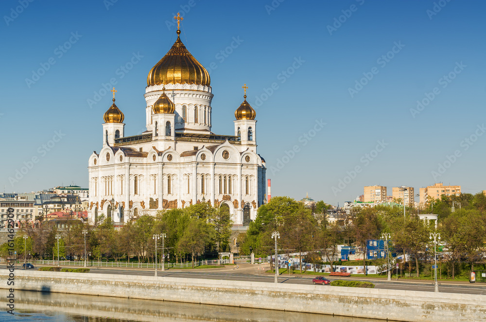 Morning panoramic view of Moscow Cathedral of Christ the Savior, Moskva river and embankment from Bolshoi Kamenny bridge in Moscow, Russia.