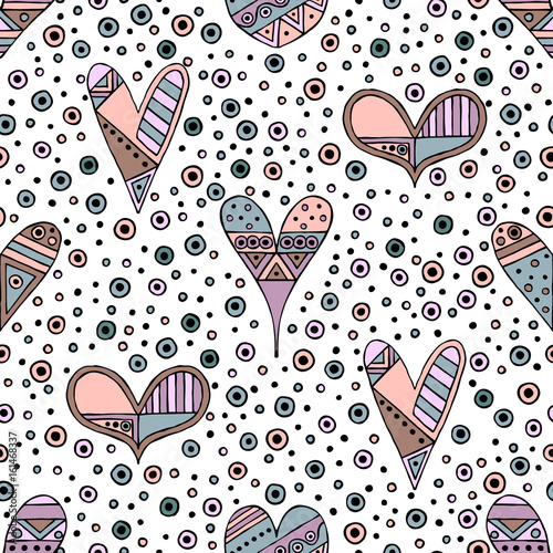 Vector hand drawn seamless pattern, decorative stylized childish hearts. Doodle style, tribal graphic illustration Cute hand drawing in vintage colors. Series of doodle, cartoon, sketch illustrations