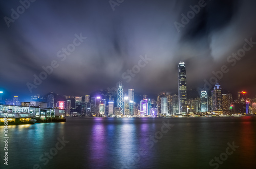 panoramic view of victoria harbor at night in Hong Kong China.