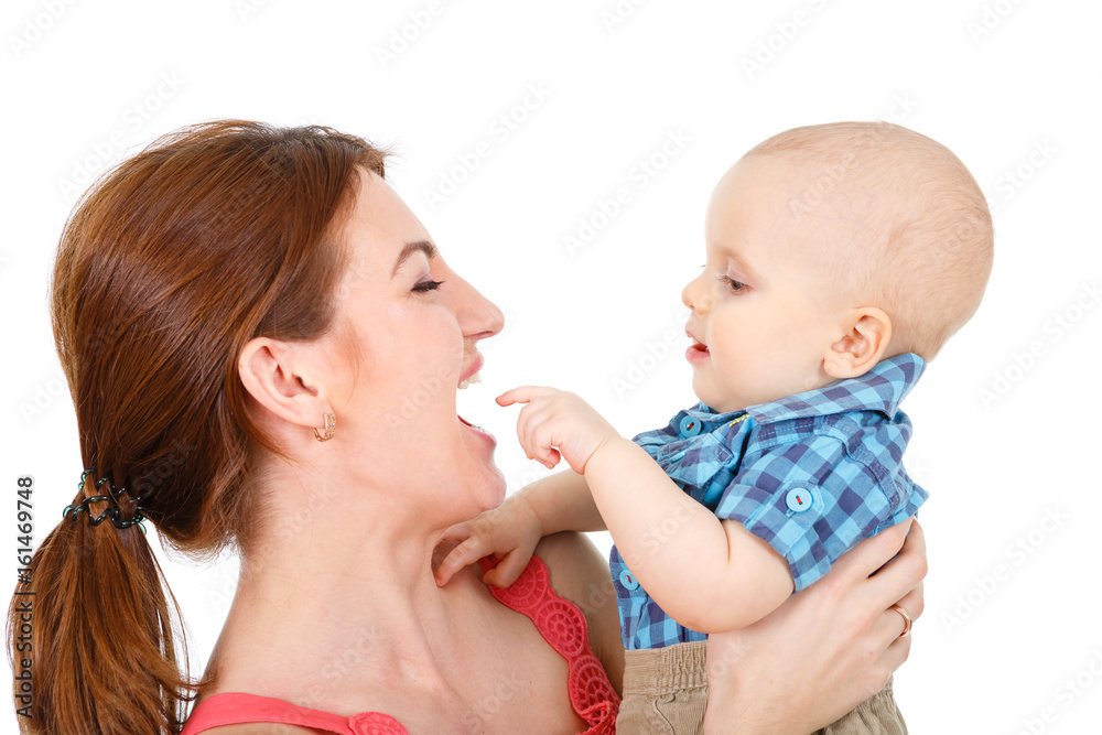 Happy cheerful family. Mother and baby kissing, laughing, hugging and playing. isolated on white background Happy cheerful family. Mother and baby kissing, laughing, hugging and playing. isolated on white background