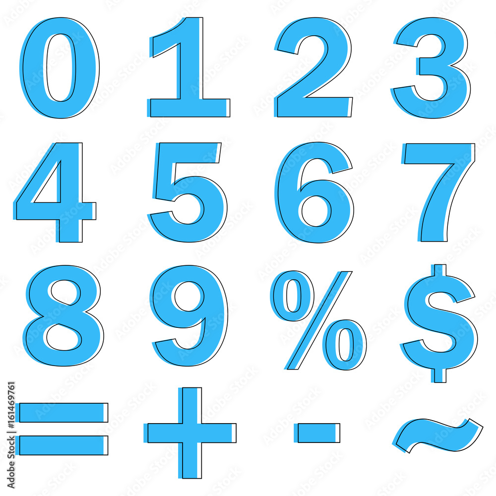 Set of trendy blue flat numbers and symbols. Can be used for retro poster design. Vector illustration Set of trendy blue flat numbers and symbols. Can be used for retro poster design. Vector illustration