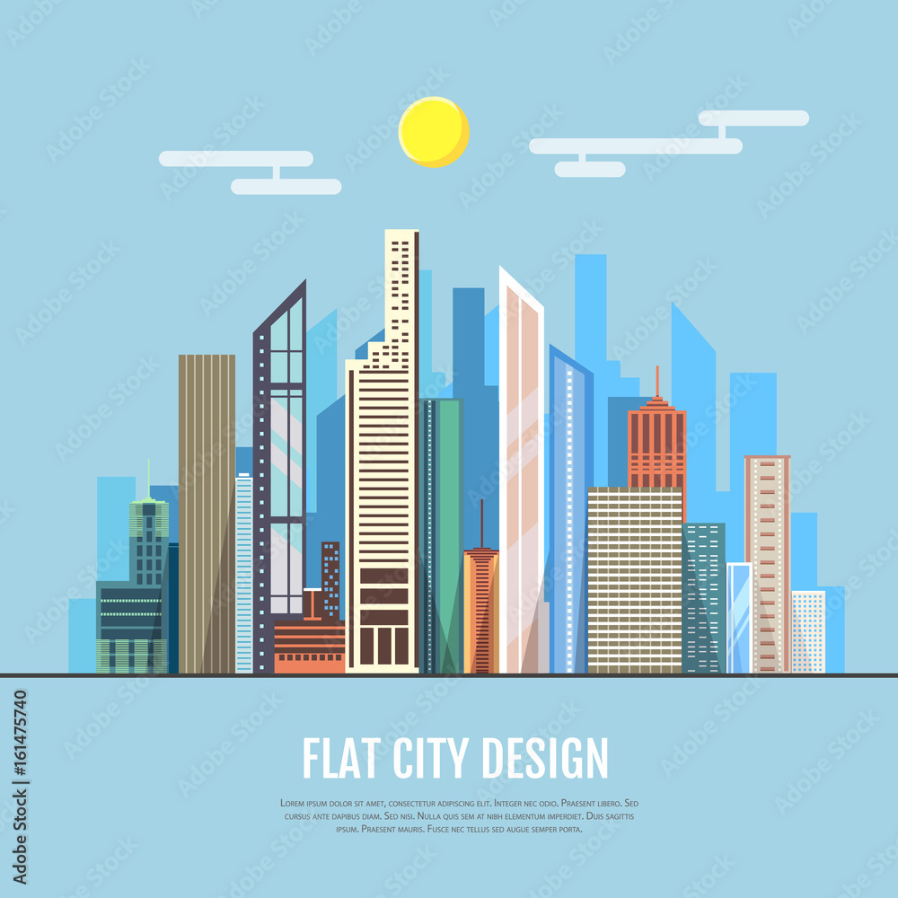 Flat style modern design of urban city landscape. Vector icon set