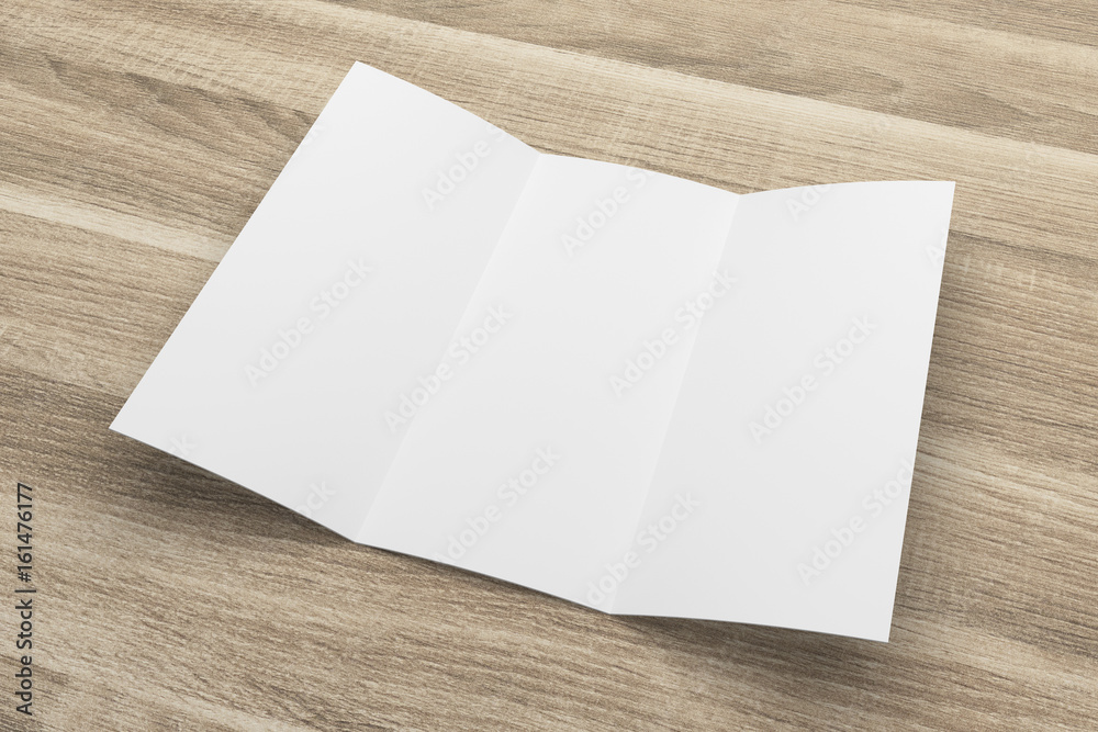 Blank 3D rendering tri-fold brochure mock-up with clipping path on wood No. 4 Blank 3D rendering tri-fold brochure mock-up with clipping path on wood No. 4