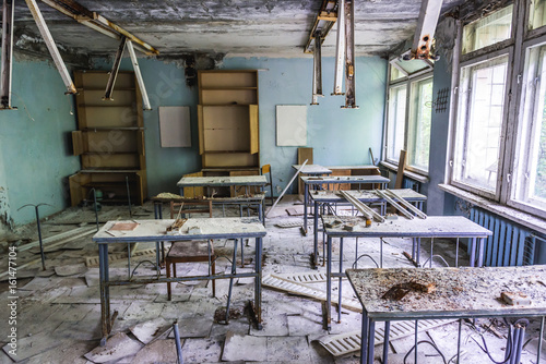Abandoned middle school in Pripyat city in Chernobyl Exclusion Zone, Ukraine