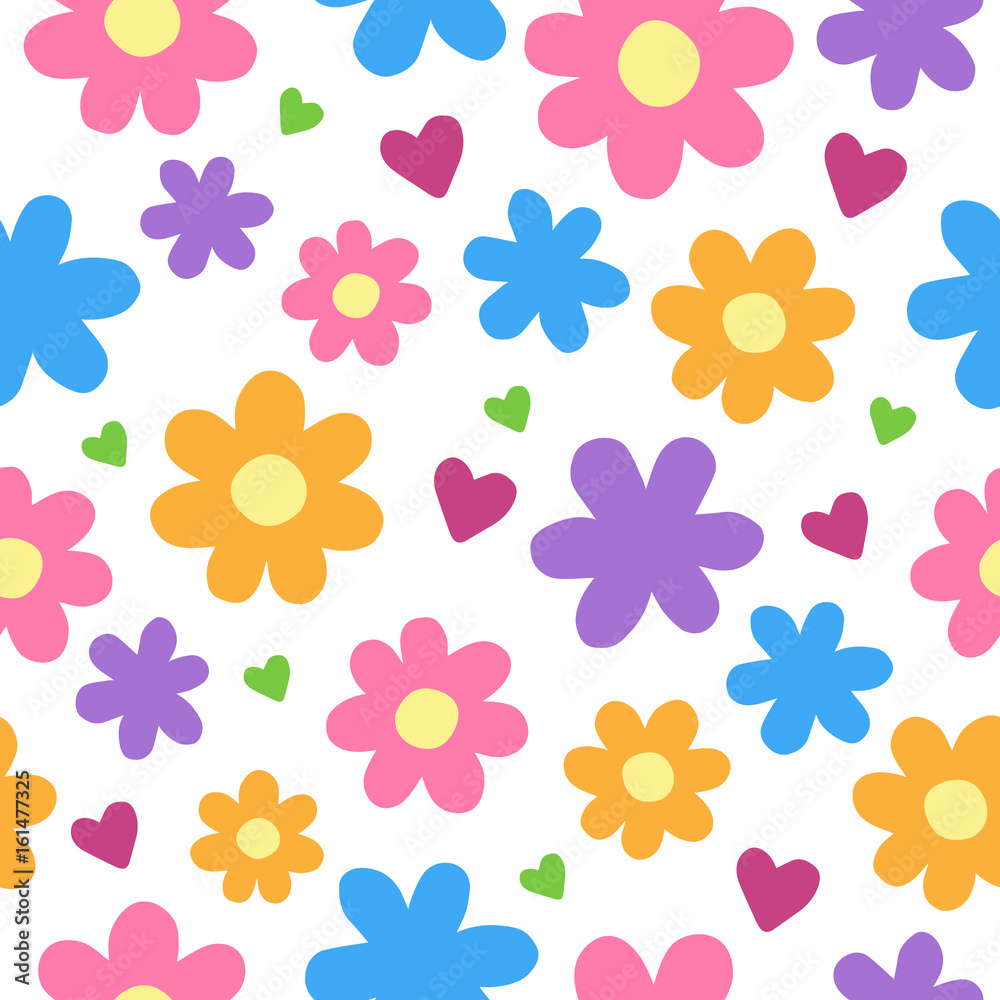 Cute cartoon floral seamless pattern. Flowers and hearts pattern, vector illustration doodle drawing. Isolated on white background.