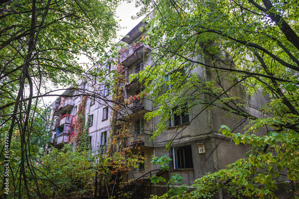 Apartment house in abandoned Pripyat city in Chernobyl Exclusion Zone, Ukraine