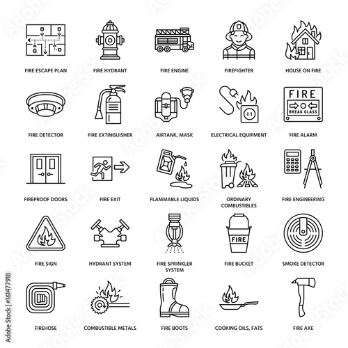 Firefighting, fire safety equipment flat line icons. Firefighter, fire engine extinguisher, smoke detector, house, danger signs, firehose. Flame protection thin linear pictogram.