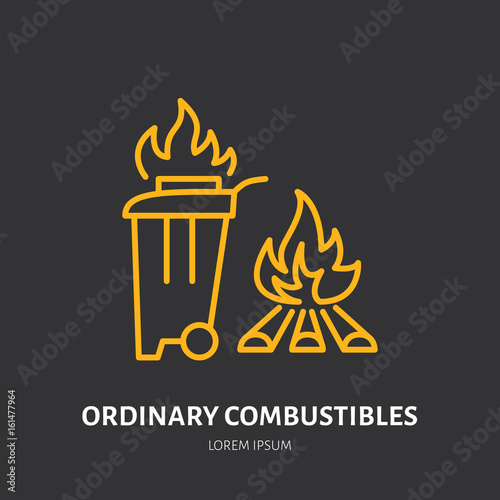 Fire extinguisher flat line sign of ordinary combustibles fire type. Flame protection thin linear icon, pictogram.