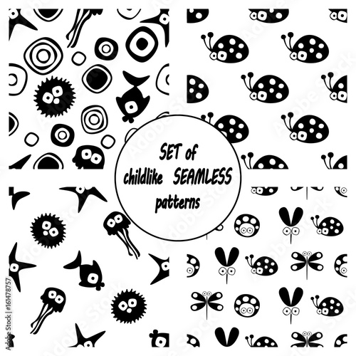 Set of vector seamless decorative pattern with hand drawn ladybug, mosquito, butterfly, fish, starfish, octopus. Cute childlike backgrounds. Template for wrapping, fabric, cover.