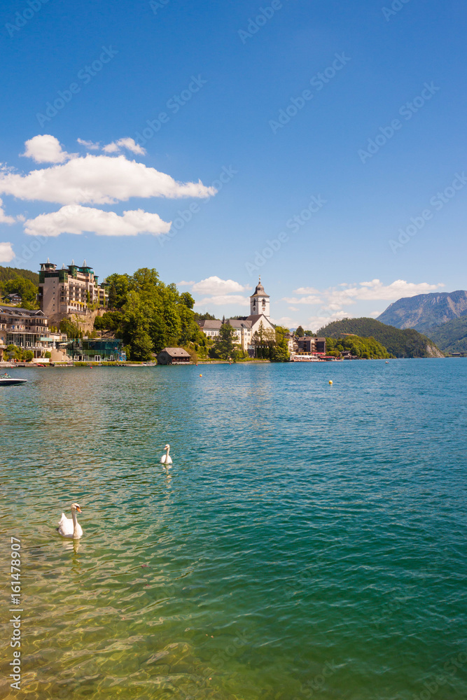 View of St. Wolfgang chapel and the village of St. Wolfgang  at Wolfgangsee lake, Austria