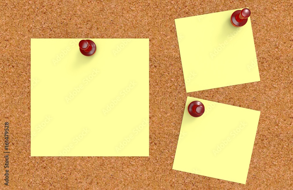 3d illustration. blank yellow paper note with red pin on Cork Board background 3d illustration. blank yellow paper note with red pin on Cork Board background