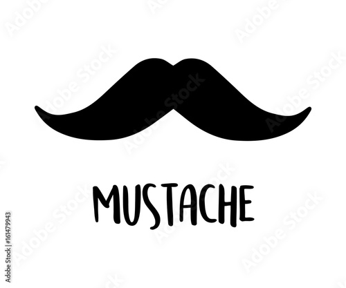Mustache vector illustration drawing. Cartoon mustache icon isolated on white background with writing.