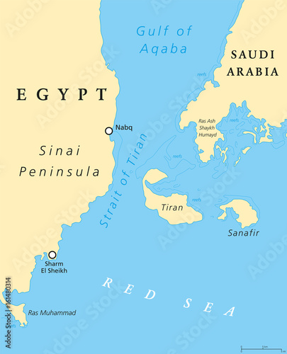 Strait of Tiran political map. Narrow sea passage between Sinai and Arabian peninsulas, seperates the Gulf of Aqaba from the Red Sea. Tiran and Sanafir Island. Illustration. English labeling. Vector.