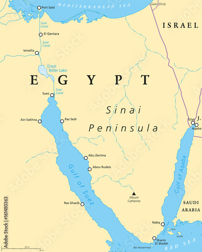 Egypt, Sinai Peninsula political map. Situated between Mediterranean Sea and Red Sea. Land bridge between Asia and Africa. Suez Canal, Gulf of Suez and Aqaba. Illustration. English labeling. Vector.
