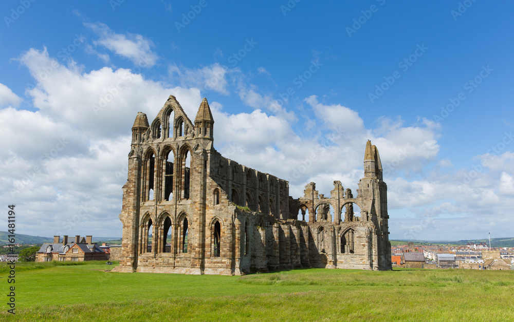 Whitby Abbey Yorkshire England uk ruins in summer on hillside over tourist town and holiday destination