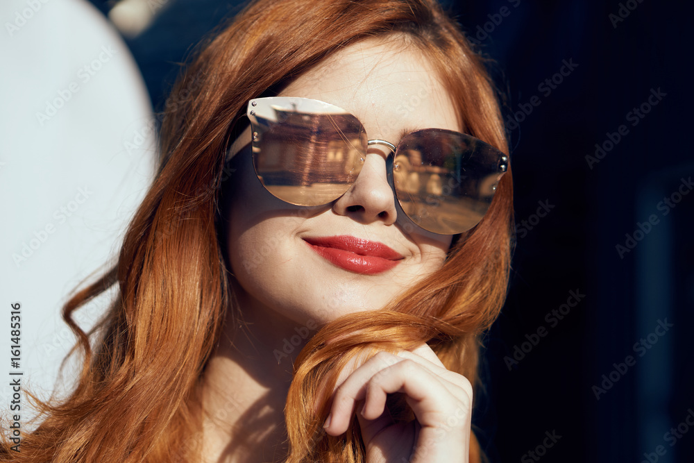 Woman with glasses, portrait, woman with red lips Woman with glasses, portrait, woman with red lips