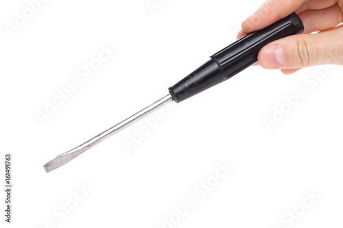 Hand with black screwdriver isolated on white background