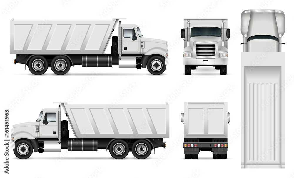 Vector dump truck template for car branding and advertising. Tipper truck  set on white background. All