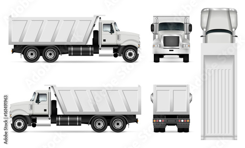 Vector dump truck template for car branding and advertising. Tipper truck set on white background. All layers and groups well organized for easy editing and recolor. View from side, front, back, top.